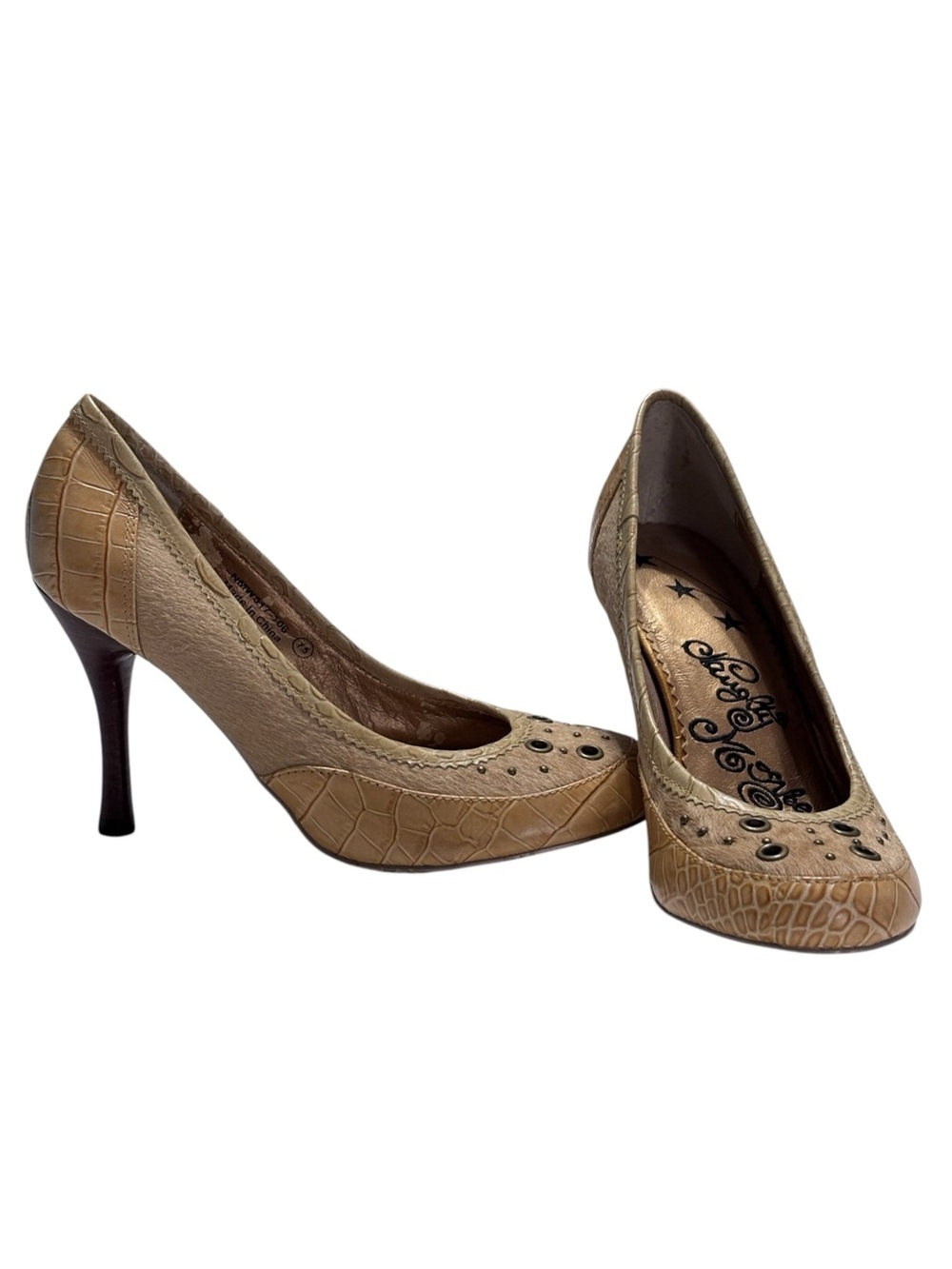 Naughty Monkey Y2K Camel Hair, Crocodile Textured Leather Round Toe High Heels